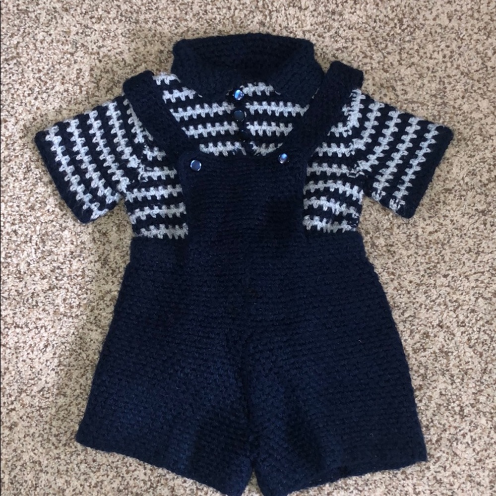 VINTAGE Handmade Navy Baby Boys Shirt and Overalls